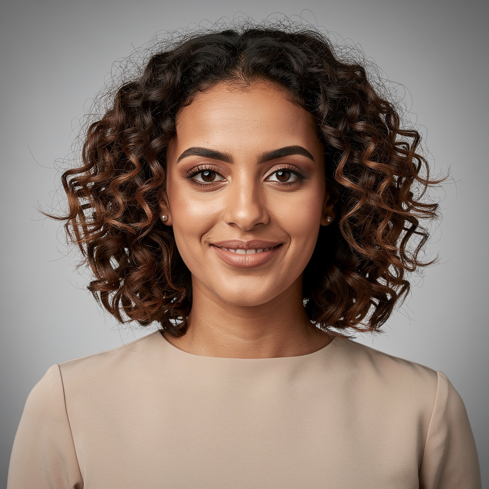 Studio portrait of a woman with curly hair smiling