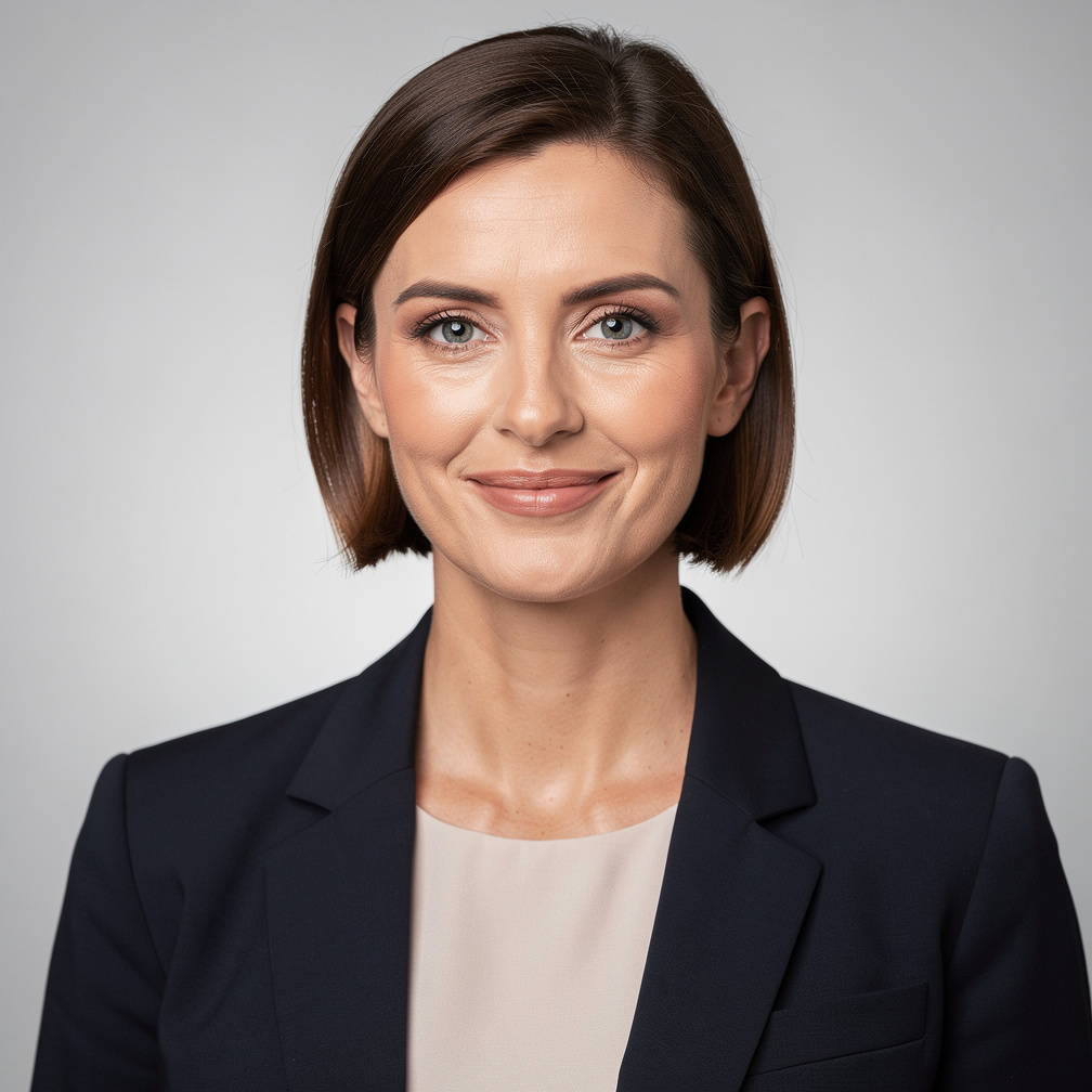 Studio portrait of a European woman with short hair smiling