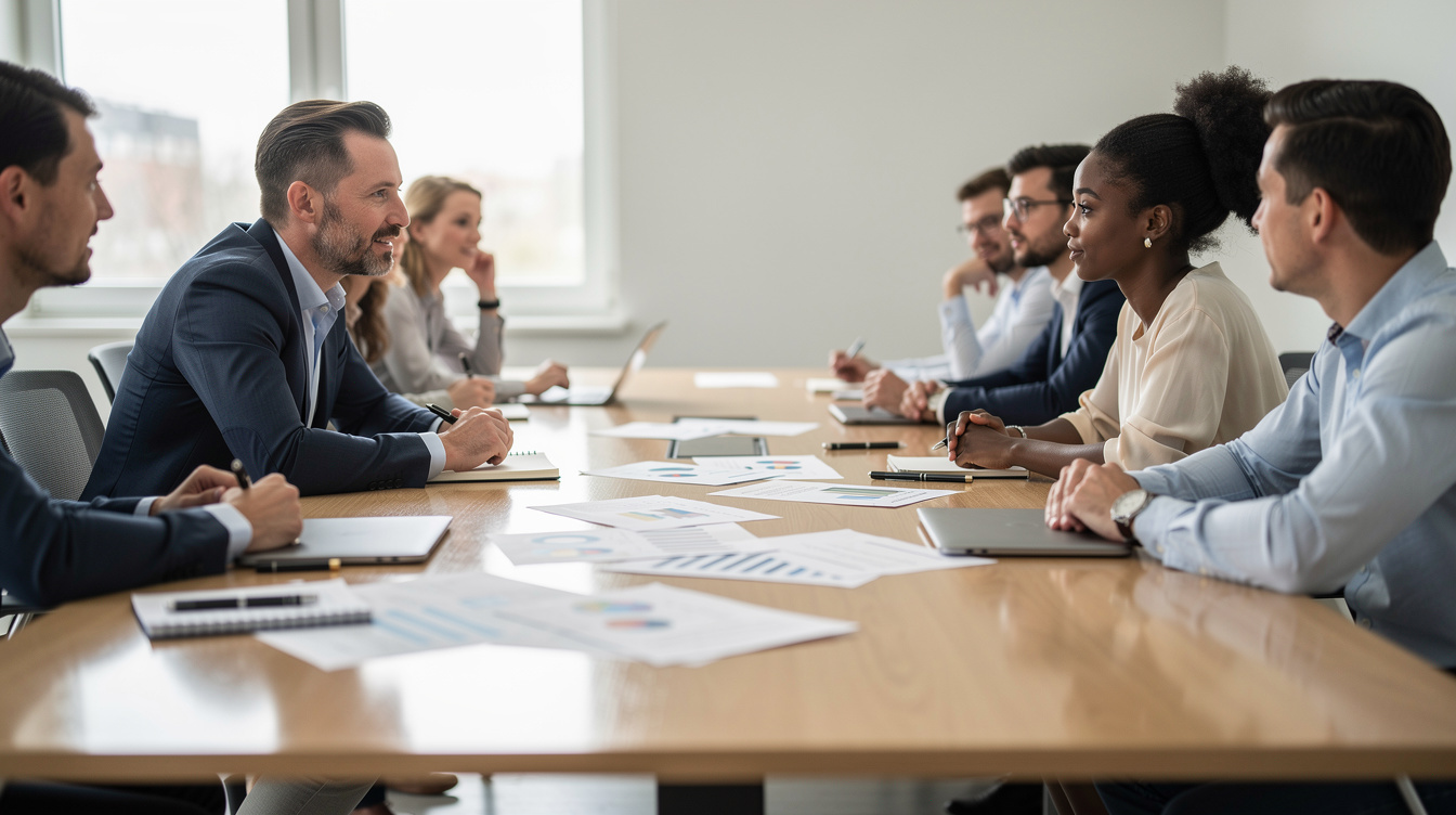 Team of colleagues discussing a strategy plan around a table